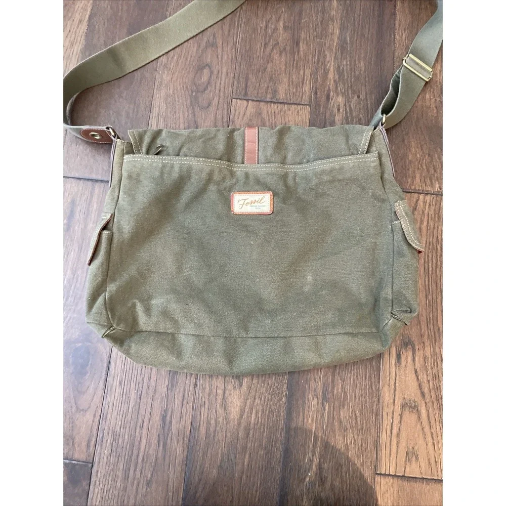 Fossil Leather &Canvas Messenger Commuter Brown W/ Multiple Pockets Bag